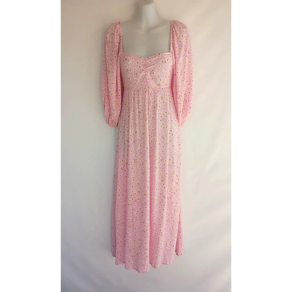 BillaBong Swept Away Midi Dress Pink Floral Puff Sleeve Smocked Cottagecore M - Picture 2 of 16
